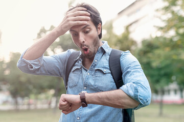 Stressed young student in a hurry