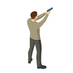 Isometric man with a gun in his hand iolated on white. Male policeman, spy or criminal holding. Back view