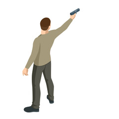 Isometric man with a gun in his hand iolated on white. Male policeman, spy or criminal holding. Back view