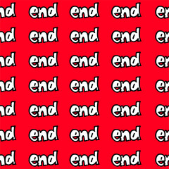 End, hand drawn lettering on red background. Doodle font. thin black outline hand drawn vector. Lettering for wallpaper, cover, sticker, label, fabric, wrapping paper and gift. 