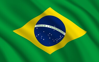 Brazil flag, vector brazilian official symbol of green and yellow colors with blue globe, stars and line. Realistic Brazilian federative republic country national flag waving fabric waves 3d texture
