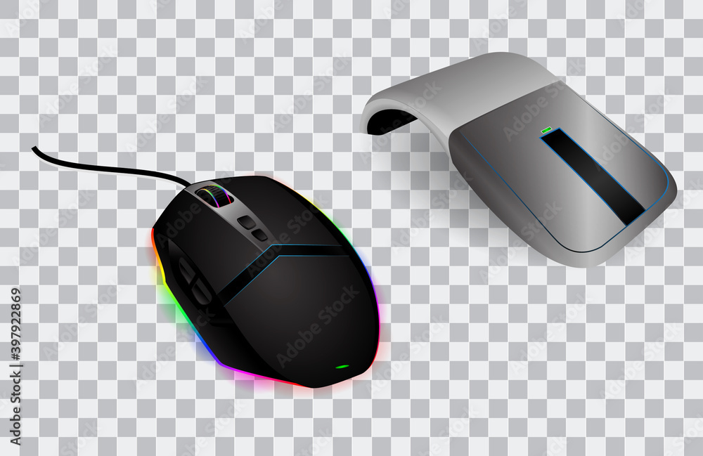 Fototapete set of computer mouse realistic or mouse with scroll and click optical technology or mice device ill