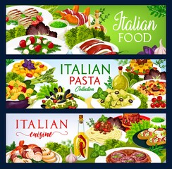Italian cuisine vector food salad with mozzarella, spaghetti with bolognese, farfalle, spinach pasta with mussels. Shrimp with pear, focaccia with ham and cheese, funghetto meals of Italy banners