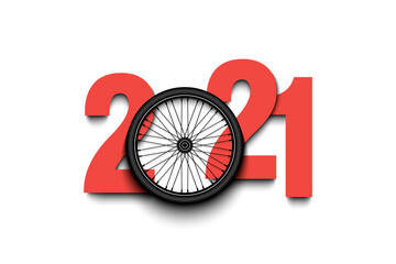 New Year numbers 2021 and bicycle wheel on an isolated background. Creative design pattern for greeting card, banner, poster, flyer, party invitation, calendar. Vector illustration