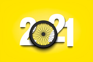 Obraz na płótnie Canvas New Year numbers 2021 and bicycle wheel on an isolated background. Creative design pattern for greeting card, banner, poster, flyer, party invitation, calendar. Vector illustration