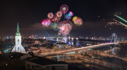 New Year Celebration. Fireworks on Danube River in Bratislava, Slovakia.