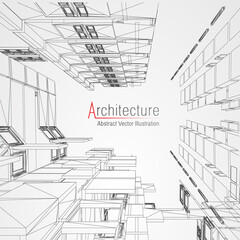 Architecture line background. Building construction sketch vector abstract. Modern city 3d project. Technology geometric grid. Wire blueprint house. Digital architect innovation wireframe.