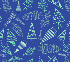 Christmas floral elements ornaments seamless banner greeting card on blue background. Green fir tree pine star doodle line New Year vintage decorative template shopping print textile fabric wrapping 