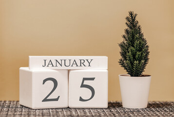 Desk calendar for use in different ideas. Winter month - January and the number on the cubes 25. Calendar of holidays on a beige solid background.