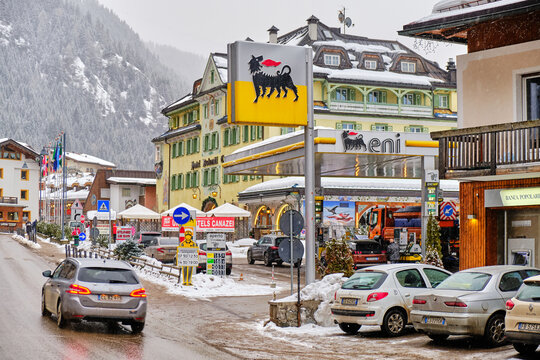 Canazei, Italy - January 18, 2020: Eni gas station in Canazei mountain village, South Tyrol, Italy, on a snow day.