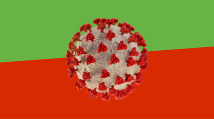 covid-19 virus cell on green and red background 3d-illustration
