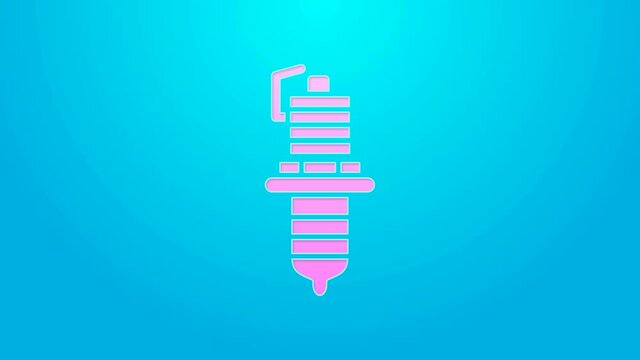 Pink line Car spark plug icon isolated on blue background. Car electric candle. 4K Video motion graphic animation