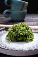 Tasty vegetarian sea food from Japan, green seaweed wakame salad