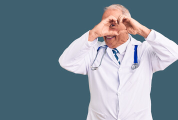 Senior handsome grey-haired man wearing doctor coat and stethoscope doing heart shape with hand and fingers smiling looking through sign