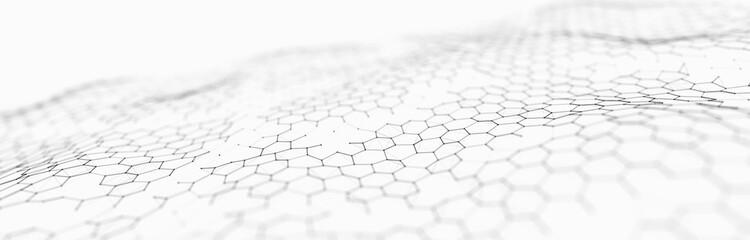 Futuristic white hexagon background. Futuristic honeycomb concept. Wave of particles. 3D rendering.