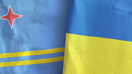 Ukraine and Aruba two flags textile cloth 3D rendering