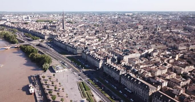 Day aerial cityscape of Bordeaux city and Garonne river in France
