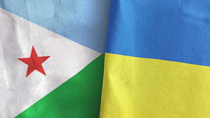 Ukraine and Djibouti two flags textile cloth 3D rendering