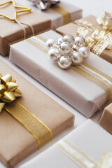 Close-up Christmas handmade presents and gifts on white background. Merry christmas, New Year holiday concept. Flat lay, top view.