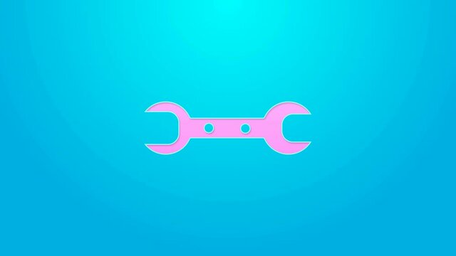 Pink line Wrench spanner icon isolated on blue background. 4K Video motion graphic animation