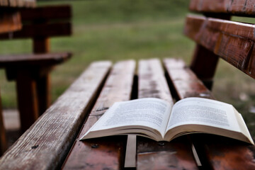 Fototapeta premium Open book on an empty wooden bench in a park on an autumn day. Copy space for design or text