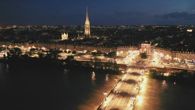 Night aerial view of historic centre of Bordeaux. France