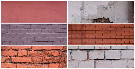 Collection of panoramic backgrounds with brick walls. Set of masonry textures. Surfaces of old...