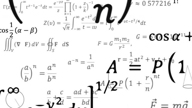 Calculations and Algebra. Background from mathematical formulas. Stock 4k video. Scientific animation with alpha channel. Flying numeral in the air.