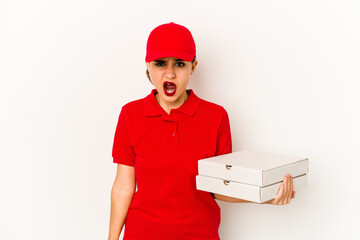Young skinny arab pizza delivery girl pointing upside with opened mouth.