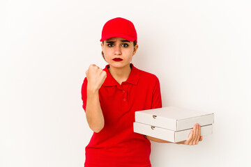 Young skinny arab pizza delivery girl surprised and shocked.