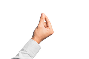 Hand of caucasian young man showing fingers over isolated white background holding blank space with thumb finger, business and advertising