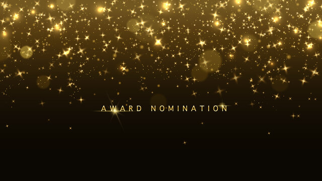 Award nomination ceremony luxury background with golden glitter sparkles and bokeh. Vector presentation shiny poster. Film or music festival poster design template.