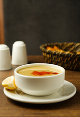 Lentil soup with a slice of lemon