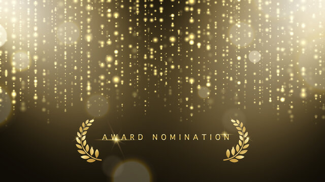 Award nomination ceremony luxury background with golden glitter sparkles, laurel wreath and bokeh. Vector presentation shiny poster. Film or music festival poster design template.