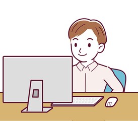 A man in a pink shirt using a computer