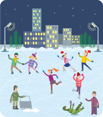 Active winter fun. Cheerful happy people go ice skating on the ice rink on the background of the city. Winter festivities in the city park. Flat infographics. Vector illustration..
