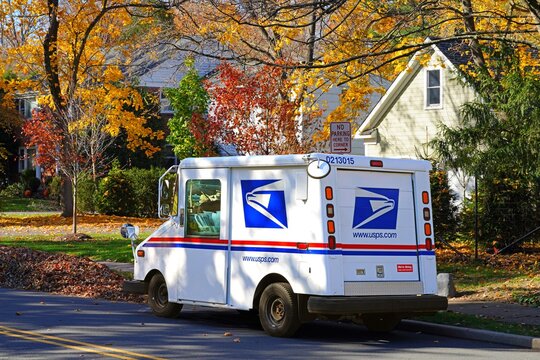 PRINCETON, NJ -9 NOV 2020- View of a delivery truck from the United States Postal Service (USPS) on the street in New Jersey, United States