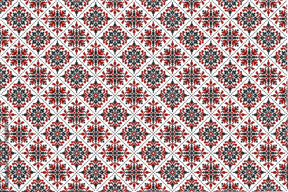 Poster vector background - a repeating slavic pattern in the form of flowers in red and black
