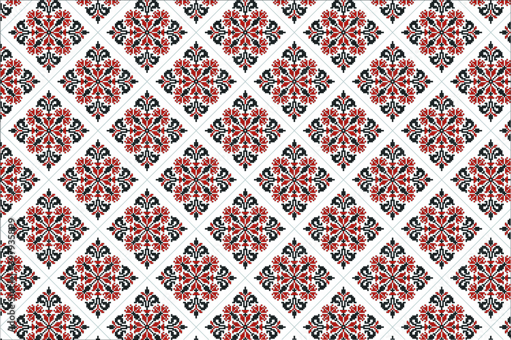 Poster vector background - a repeating slavic pattern in the form of flowers in red and black