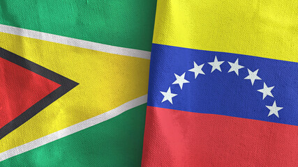 Venezuela and Guyana two flags textile cloth 3D rendering