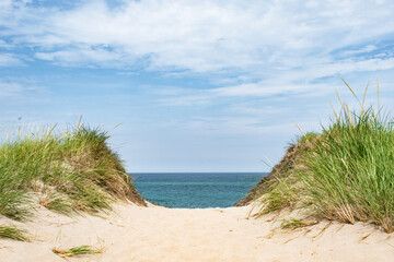Sand dunes framing view of ocean on the National Seashore in Provincetown, Cape Cod, massachusetts