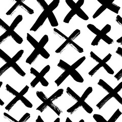 X pattern vector seamless background. Black and white grunge texture with crosses or pluses. Abstract background with brush strokes. Geometrical seamless pattern for wallpaper, web, design or textile