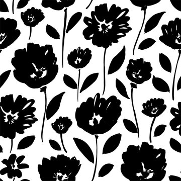 Seamless floral vector pattern with peonies, roses, anemones. Hand drawn black paint illustration with abstract floral motif. Graphic hand drawn brush stroke botanical pattern. Leaves and blooms.