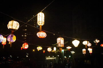 Hanging paper lanterns over Chinatown in Boston, Massachusetts