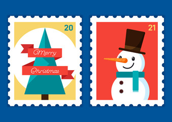 Merry Christmas and happy new year postage stamp design template