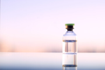 medicine bottle with injection on the table with soft colorful background, vaccina and coronavirus, health care
