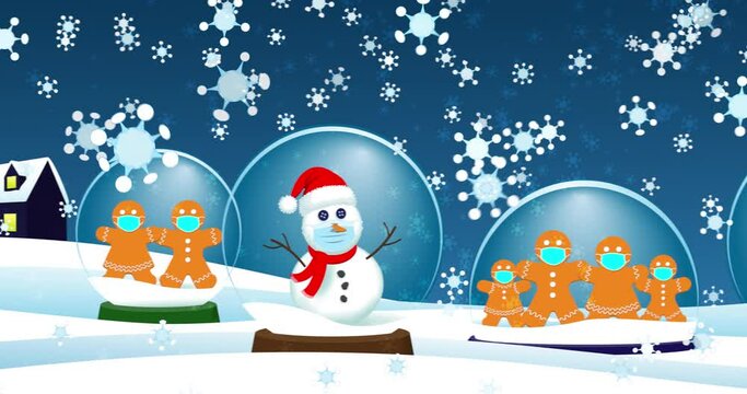 Holiday lockdown animation of snowmen, gingerbread family and nutcrackers wearing surgical face masks inside snow globe social bubbles surrounded by a blizzard of coronavirus molecules 