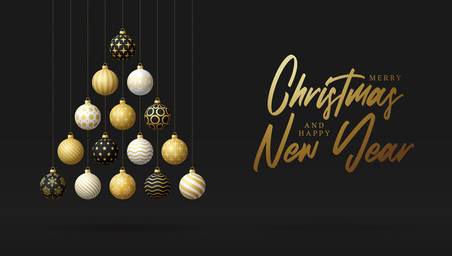 Luxury Christmas and new year greeting card. Creative Xmas tree made by shiny golden, black and white balls on black background for Christmas and New Year celebration.