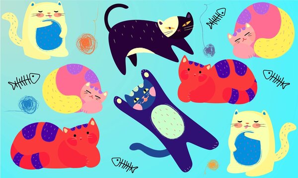 Patr&oacute;n de gatos en distintas posiciones, formas y colores