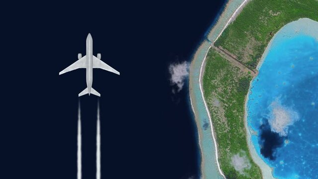 Airplane flying aboveblue sea along sunny beach island - flat design animation. Summer vacations and travel concept.